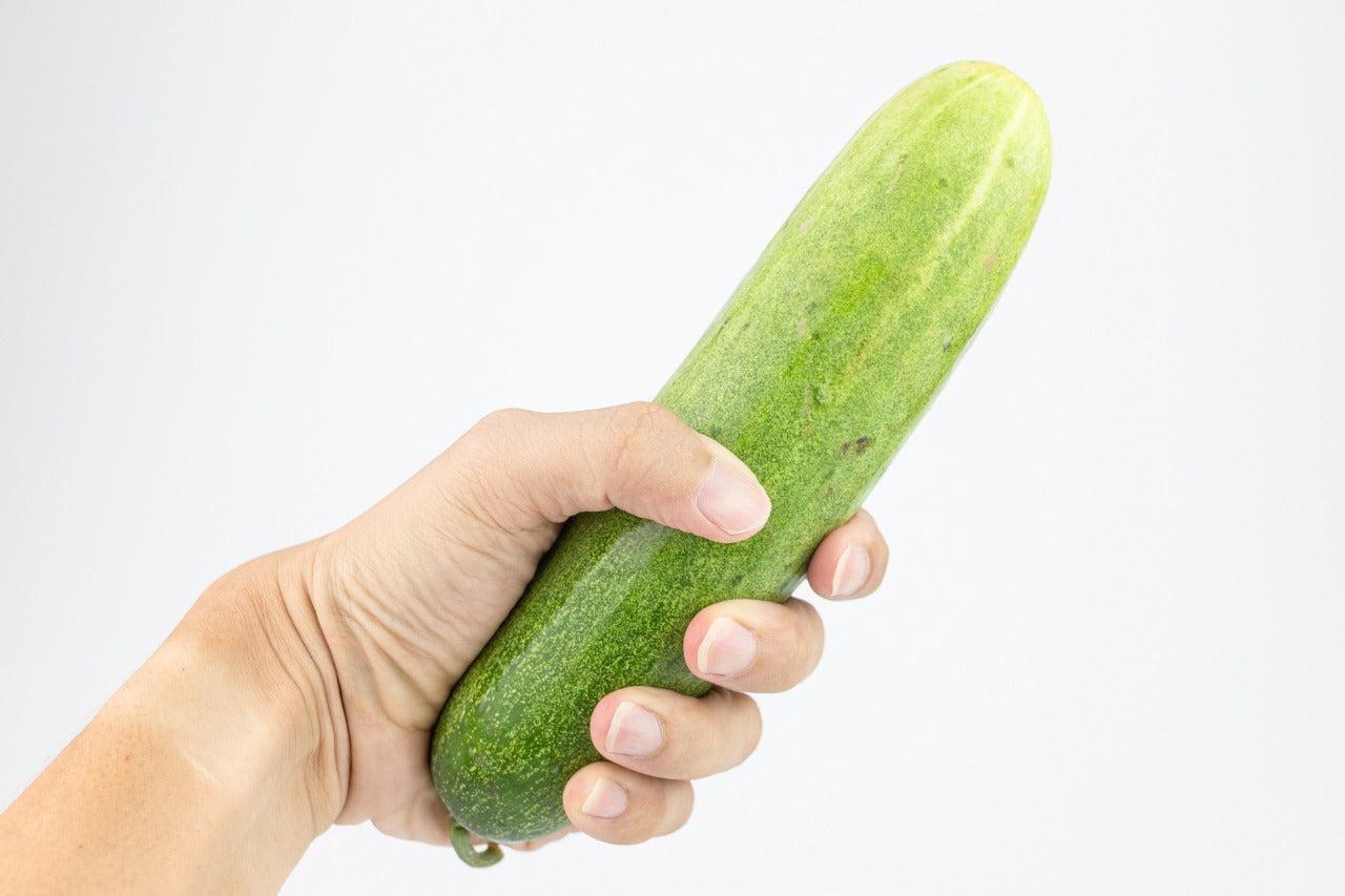 Cucumber in hand isolated on white background